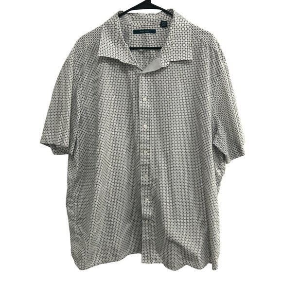 Perry Ellis Short Sleeve Button-Down Shirt White Black Geometric Print Sz 2X - Picture 1 of 9